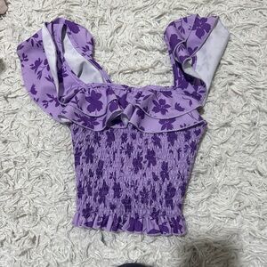 SHEIN Purple Floral Ruffle Crop Top